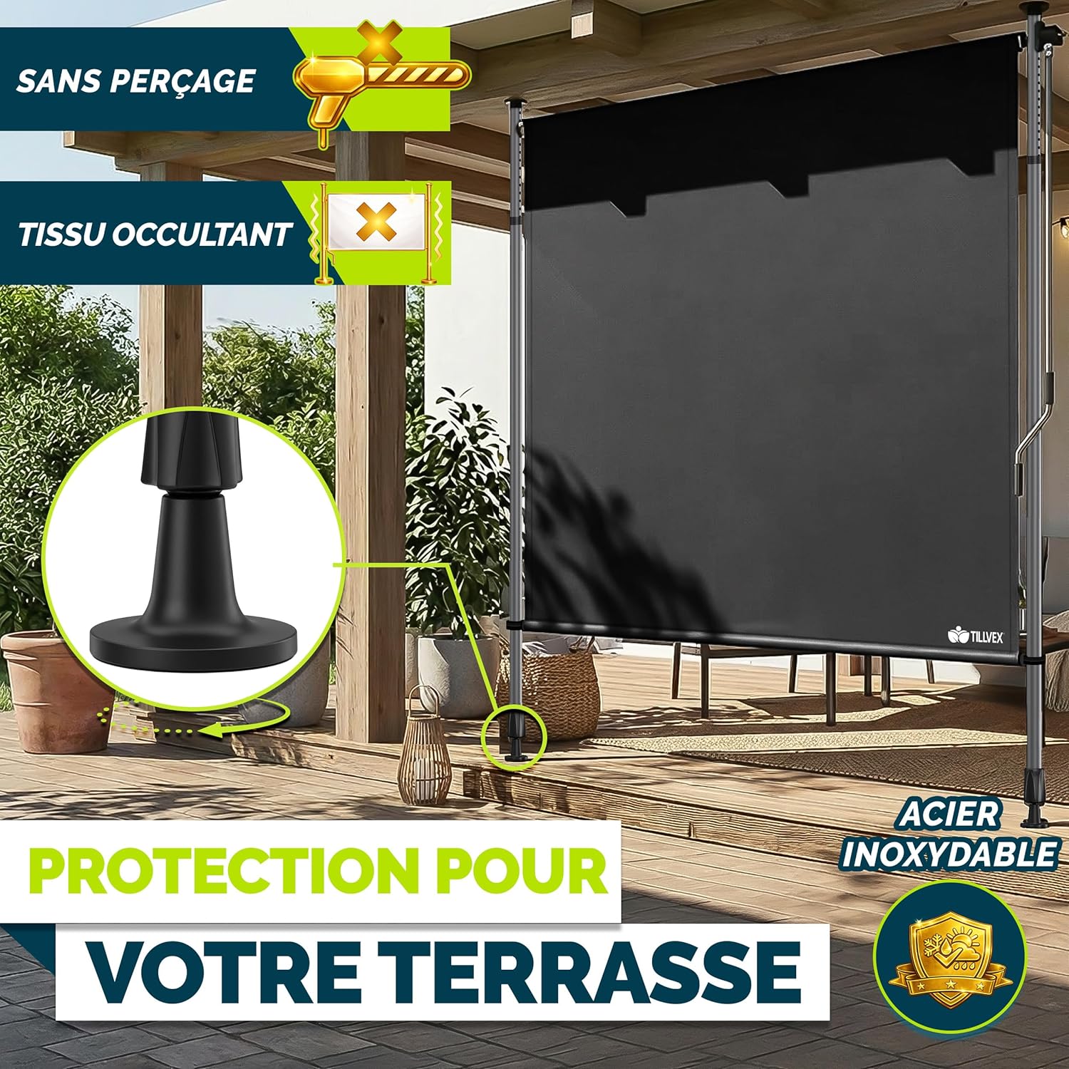 Thumbnail 3 de Tillvex Store vertical 150 x 310 cm anthracite avec manivelle — Brise-vue extensible et étanche, sans perçage