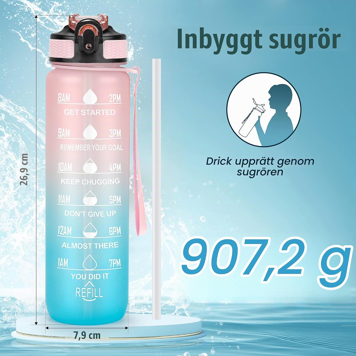 Detalle 2 de YC Kitchen jb-1000l-FL motiverande vattenflaska, 1 liter med tidsmarkör