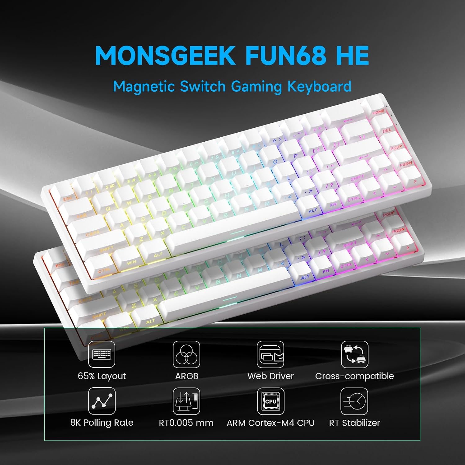 Detalle de MONSGEEK FUN68 HE — Clavier gaming filaire 65% avec déclenchement rapide à 0,005 mm et éclairage RGB