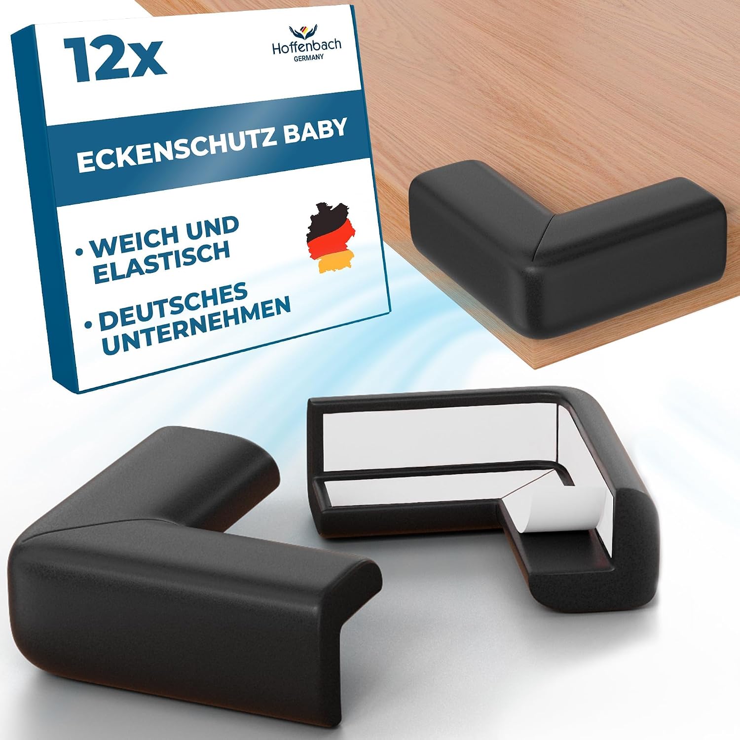 Detalle de Hoffenbach 12x Eckenschutz für Babys & Kinder – selbstklebender Kantenschutz aus NBR-Schaumstoff, schwarz