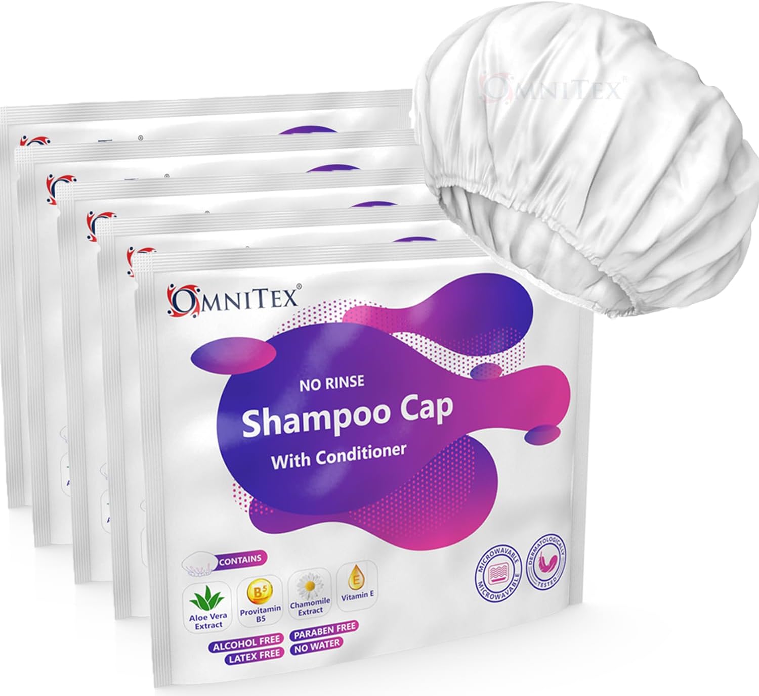 Detalle 2 de Omnitex Premium Rinse Free Shampoo Cap (with Conditioner & Vitamins) – Microwaveable, 6pk