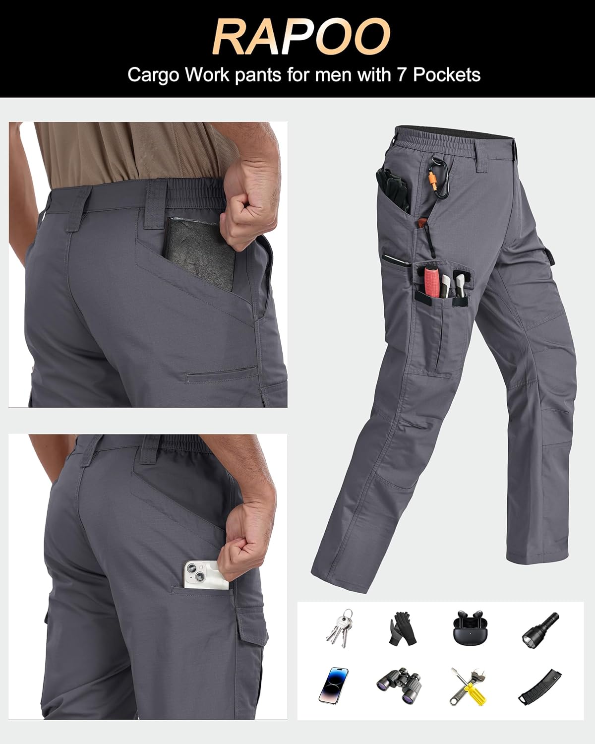 Detalle de Rapoo Cargohose Herren Outdoor Workwear – Ripstop-Taktische Hose mit 7 Taschen