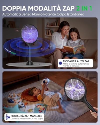Detalle de VIWAVE Scacciamosche elettrico extra forte da 4000 V 2-in-1 con luce UV, batteria 1800 mAh e supporto – nero