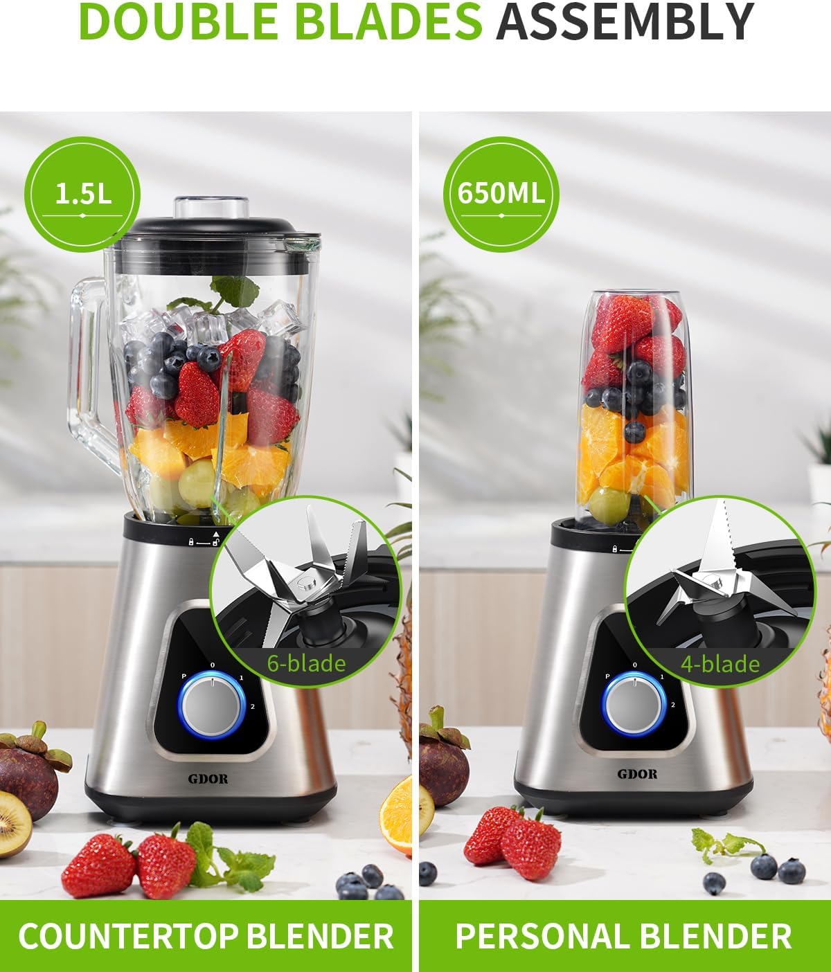 Thumbnail 3 de GDOR 1200W Standmixer Glas 2-1