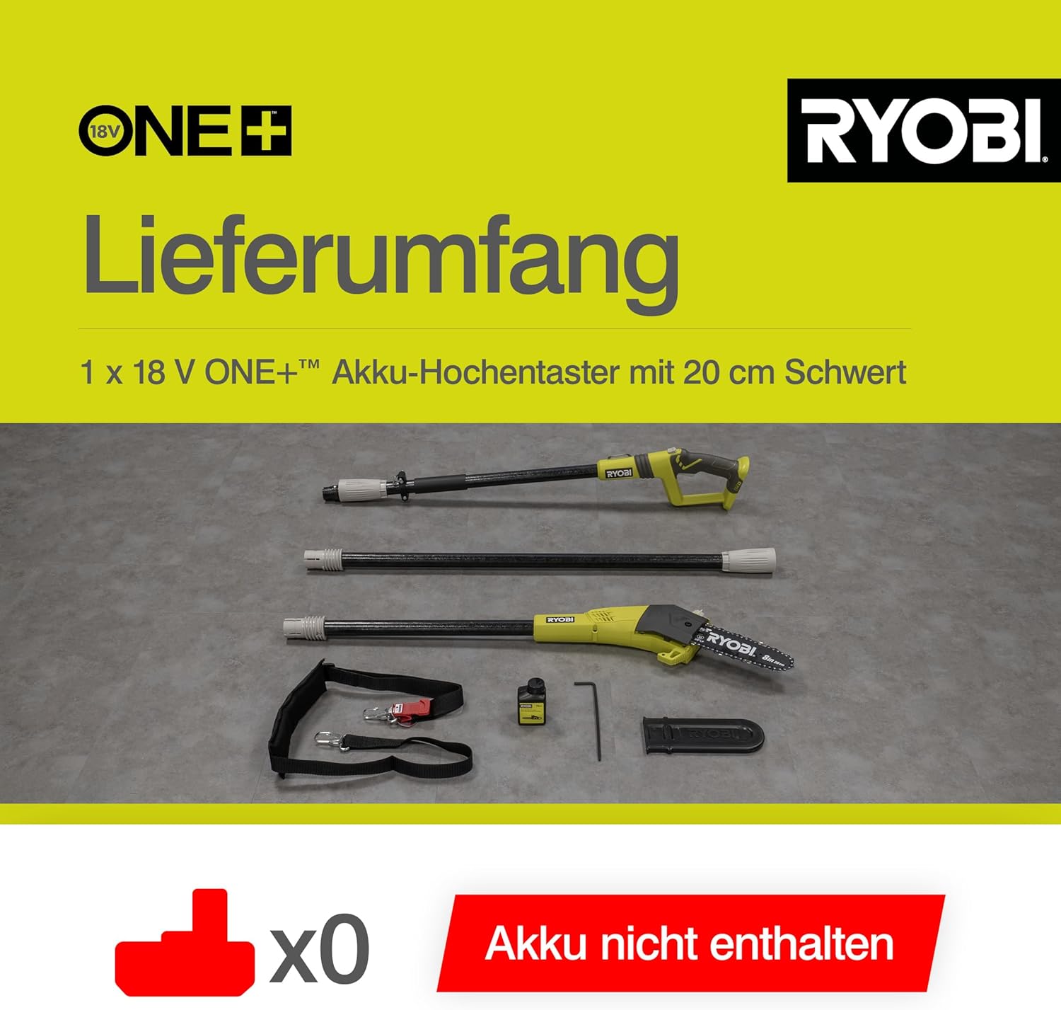 Detalle de RYOBI 18 V ONE+ Hochentaster OPP1820 – 20 cm Schwert, 4 m Reichweite, automatische Kettenschmierung (ohne Akku/Ladegerät, Karton)