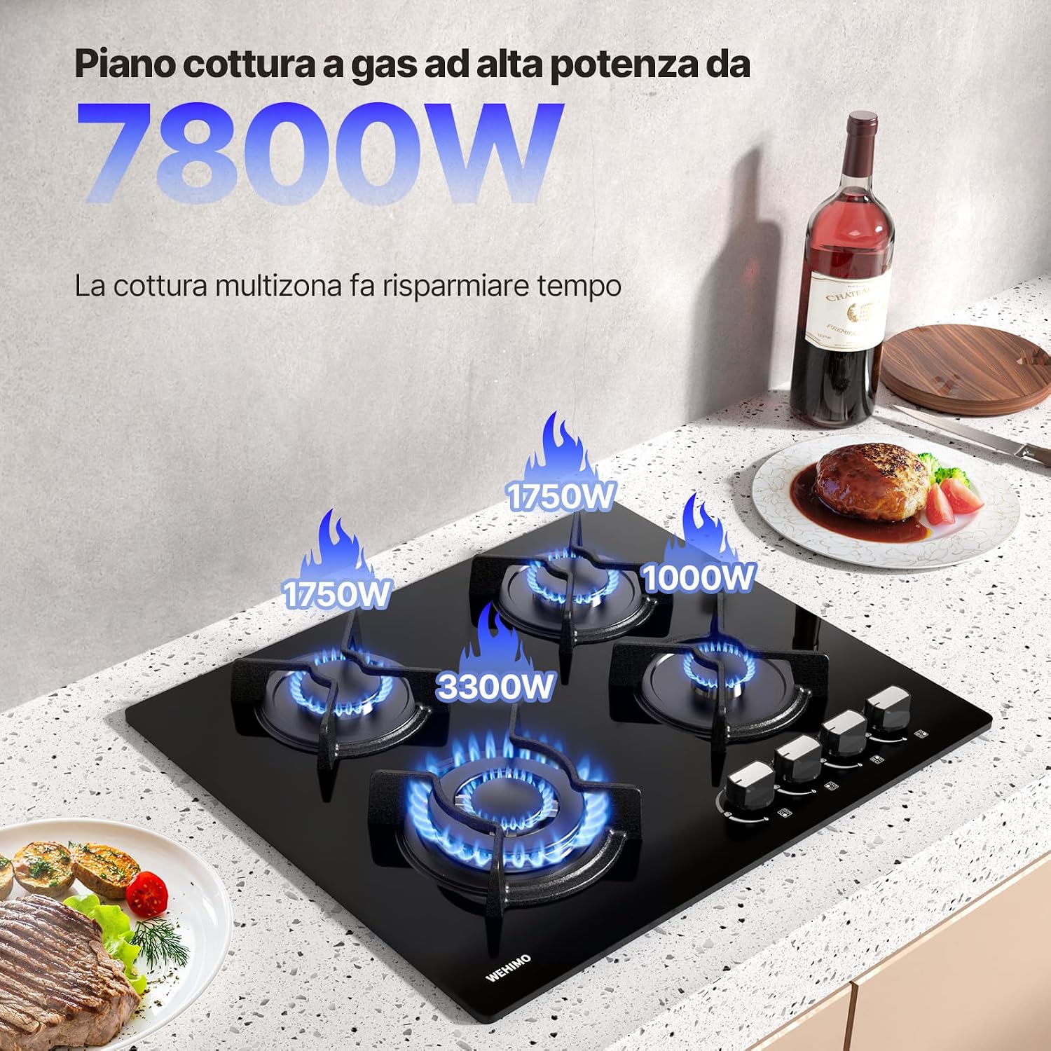 Thumbnail 2 de WEHIMO Piano Cottura a Gas 4 Fuochi da Incasso 60 cm – Vetro Nero, 7800W, Protezione Flame-Out