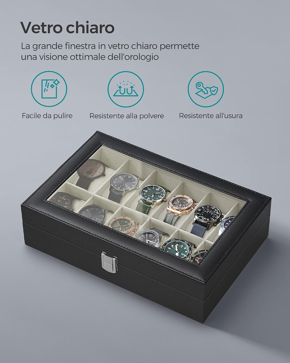 Detalle de SONGMICS Scatola Porta Orologi con 12 Scomparti – Cofanetto elegante con coperchio in vetro e fodera in velluto beige