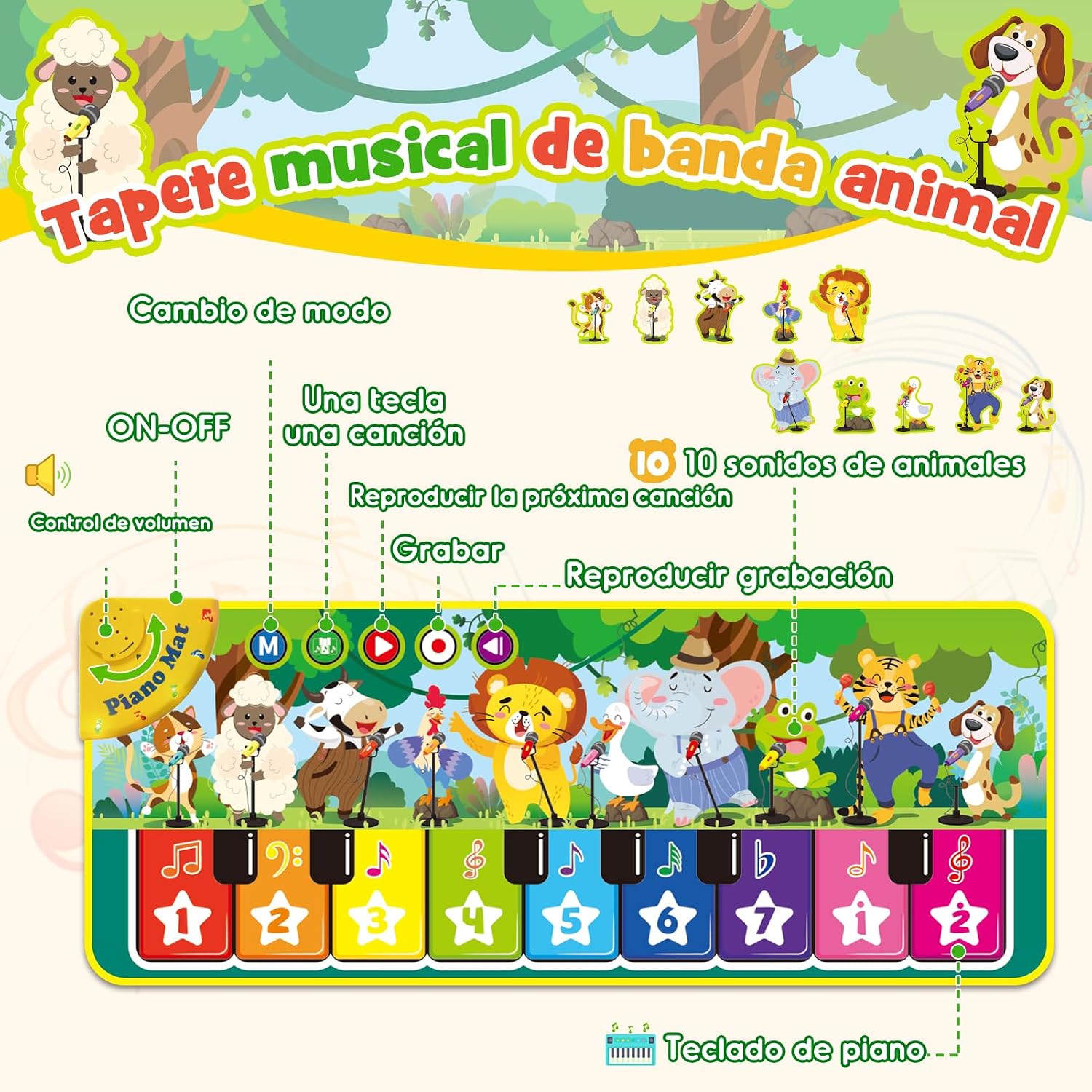 Thumbnail 1 de Dromlag alfombra musical infantil Montessori para 1 año (10 sonidos de animales y piano con teclas)