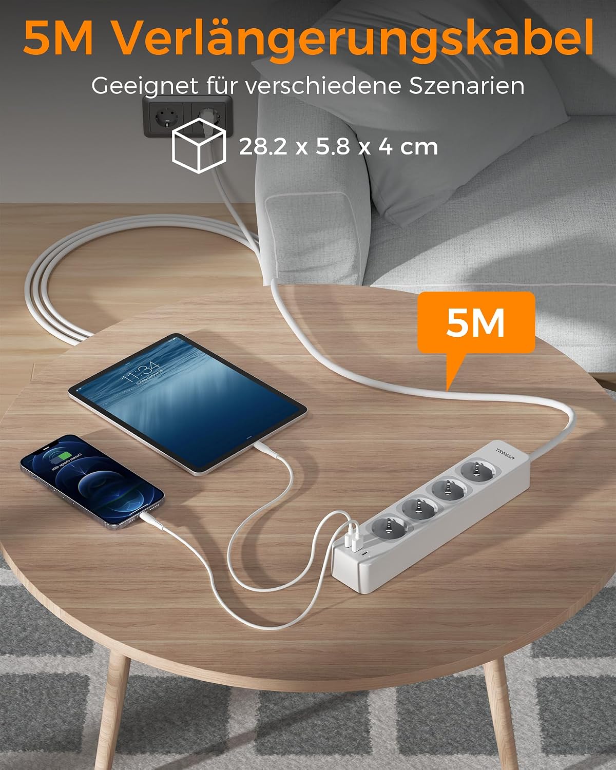 Detalle 2 de TESSAN 4âfach Steckdosenleiste mit 5 m Kabel und USB đ