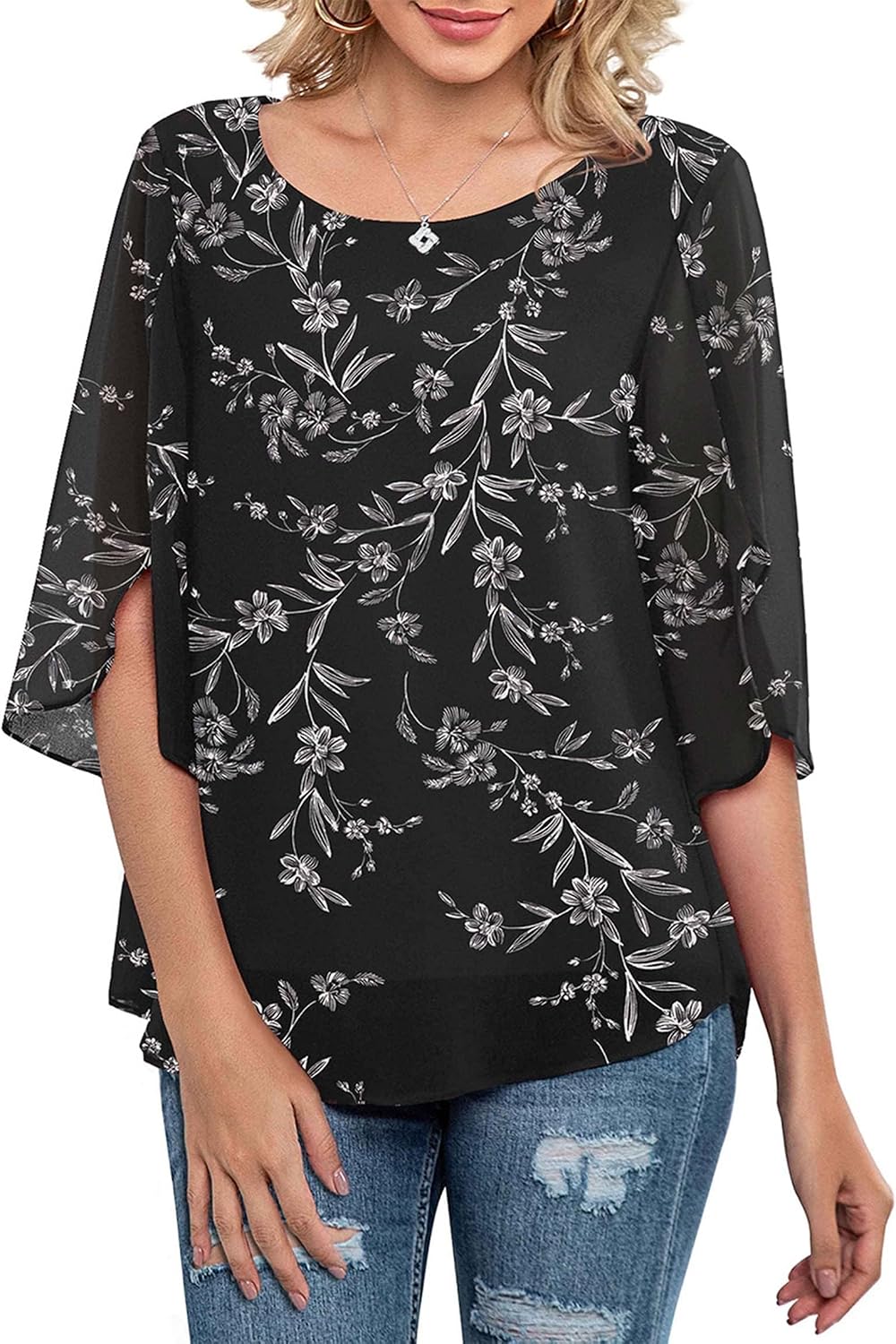 Detalle de Neineiwu Chiffon Tunika Loose Fit 3/4-Ärmel