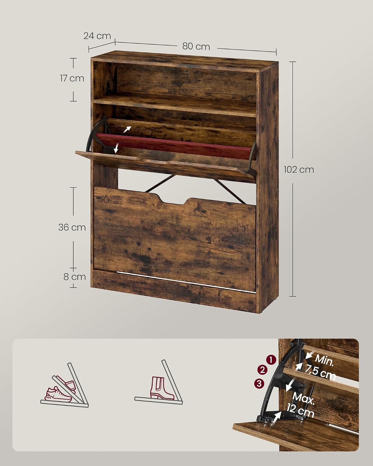 Detalle de VASAGLE LBC048B01 Shoe Cabinet with Hinged Doors and Adjustable Dividers