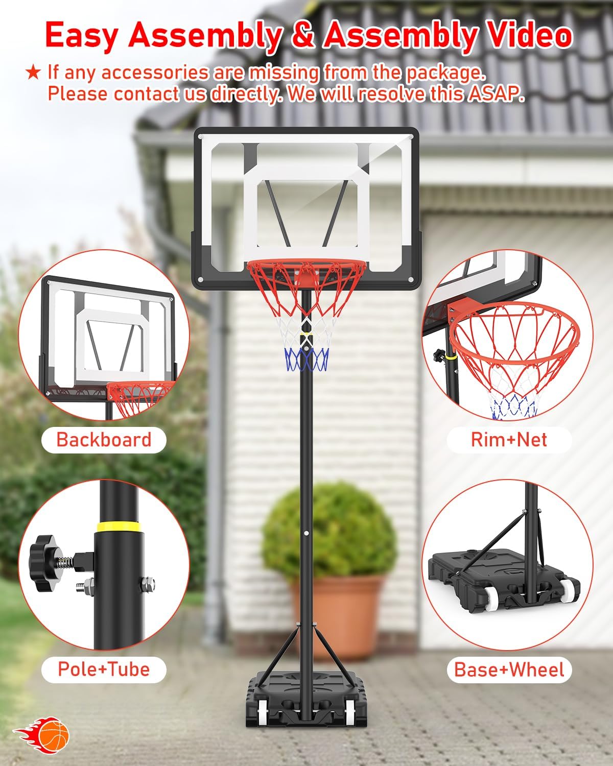 Detalle 2 de Adjustable Basketball Hoop and Stand (5ft–7ft) with 33in Shatterproof Backboard and Stand Wheels