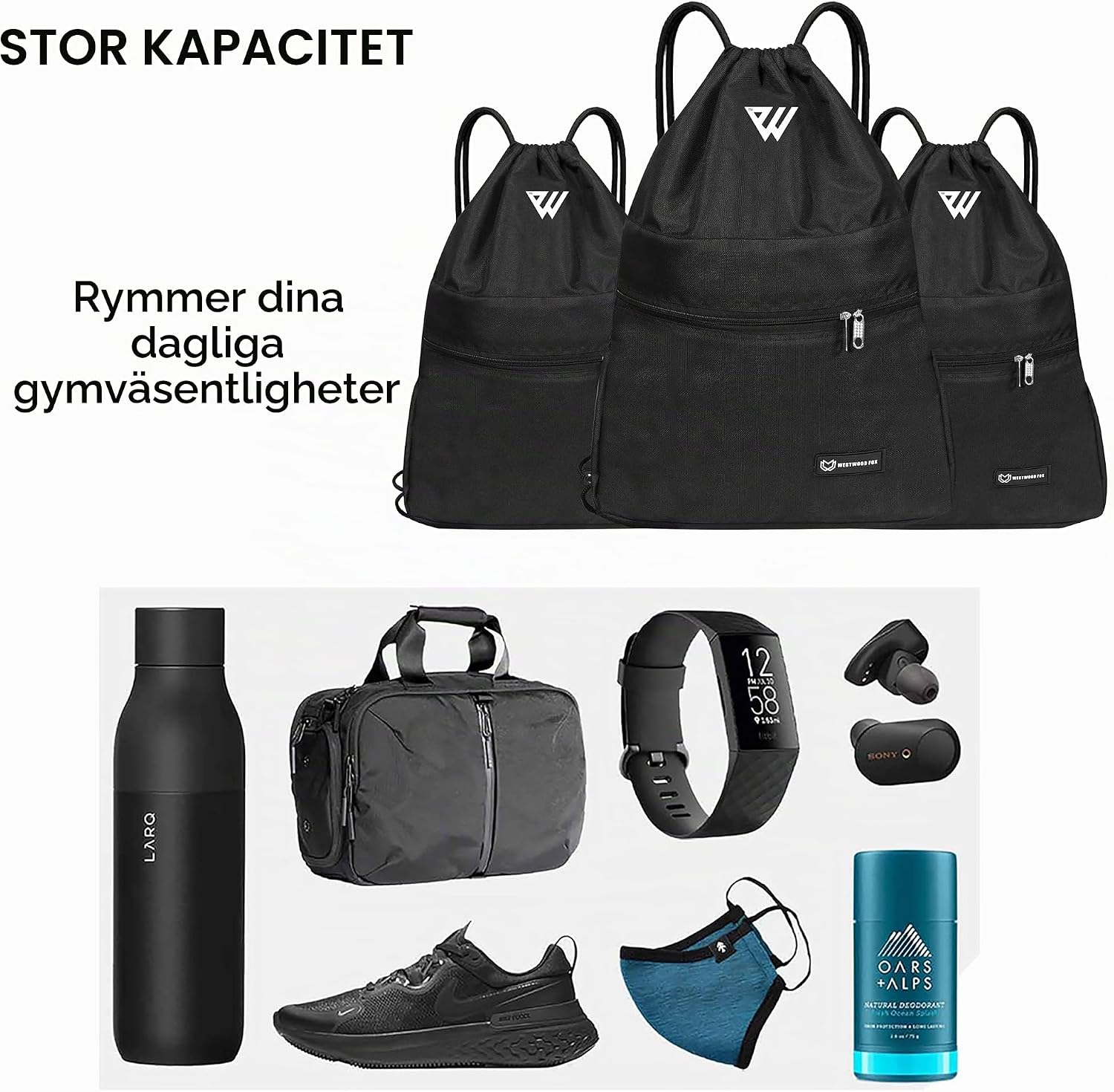 Detalle de WESTWOOD FOX WFX gympapåse i nylon-polyester med fickor, svart