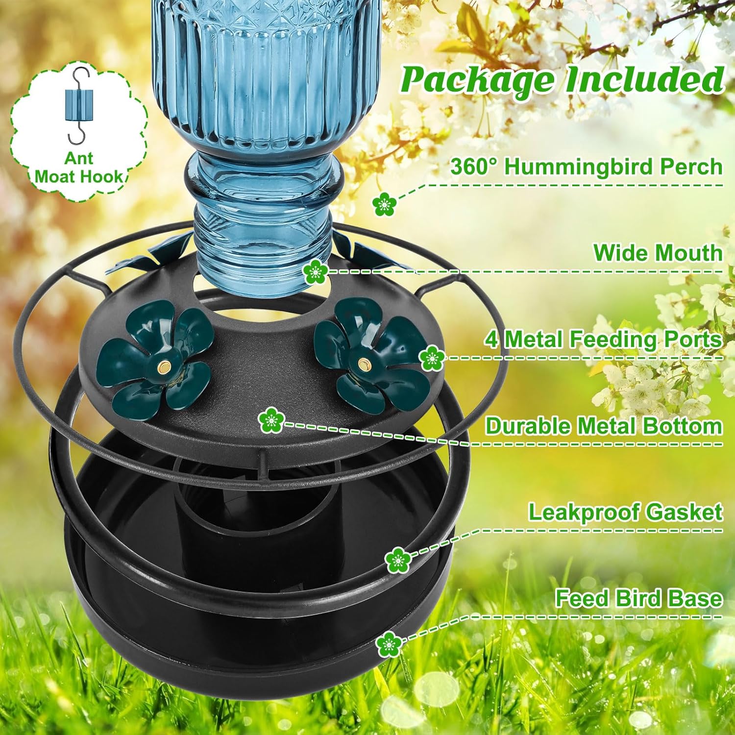 Thumbnail 1 de FEED GARDEN Glass Hummingbird Feeder (16oz) with Bee Guards & Ant Moat, Blue