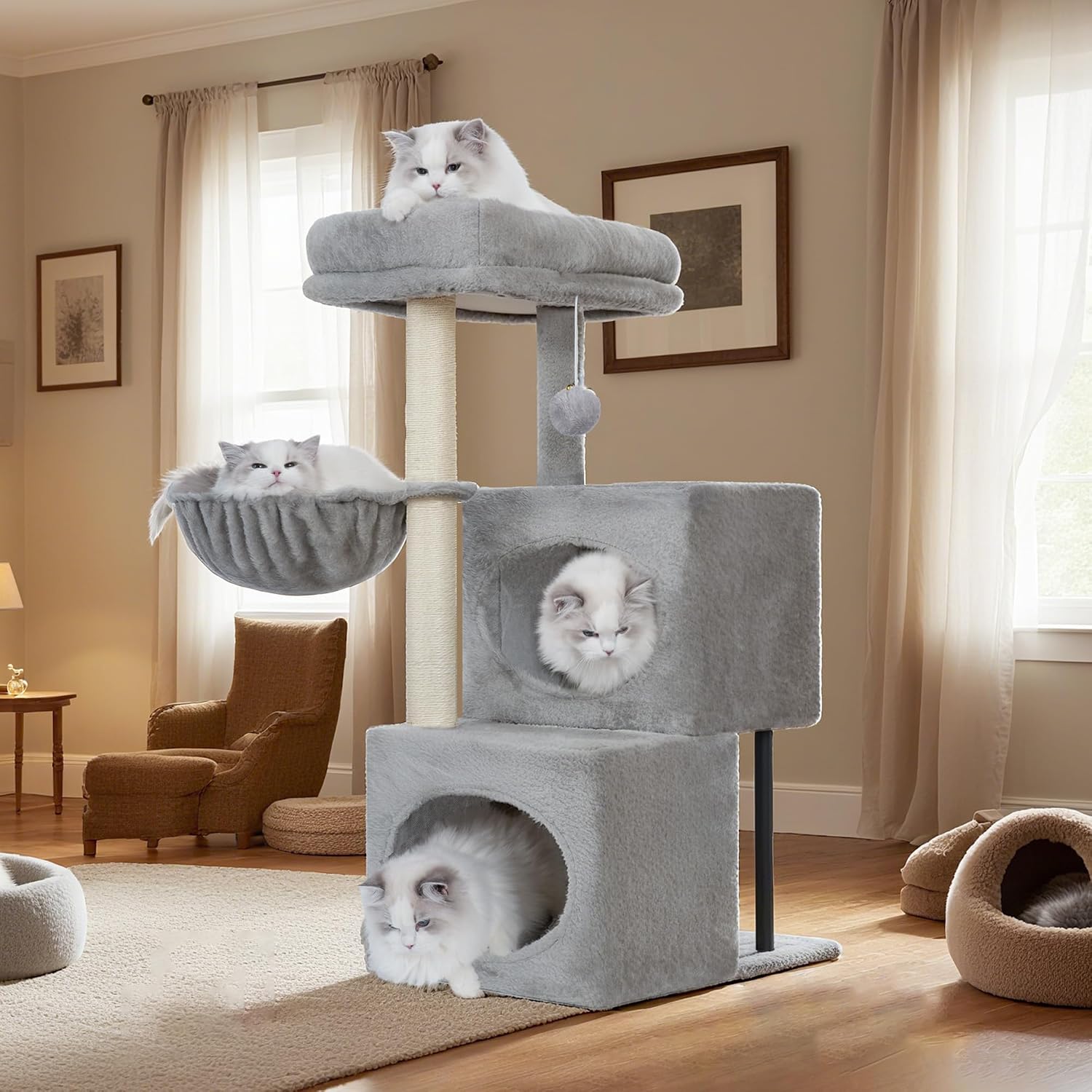 Detalle de Heybly Arbre à Chat, 92 cm – Escalier avec 2 Niches, Gaine SISAL et Plateforme supérieure, Gris Clair (HCT201SW)