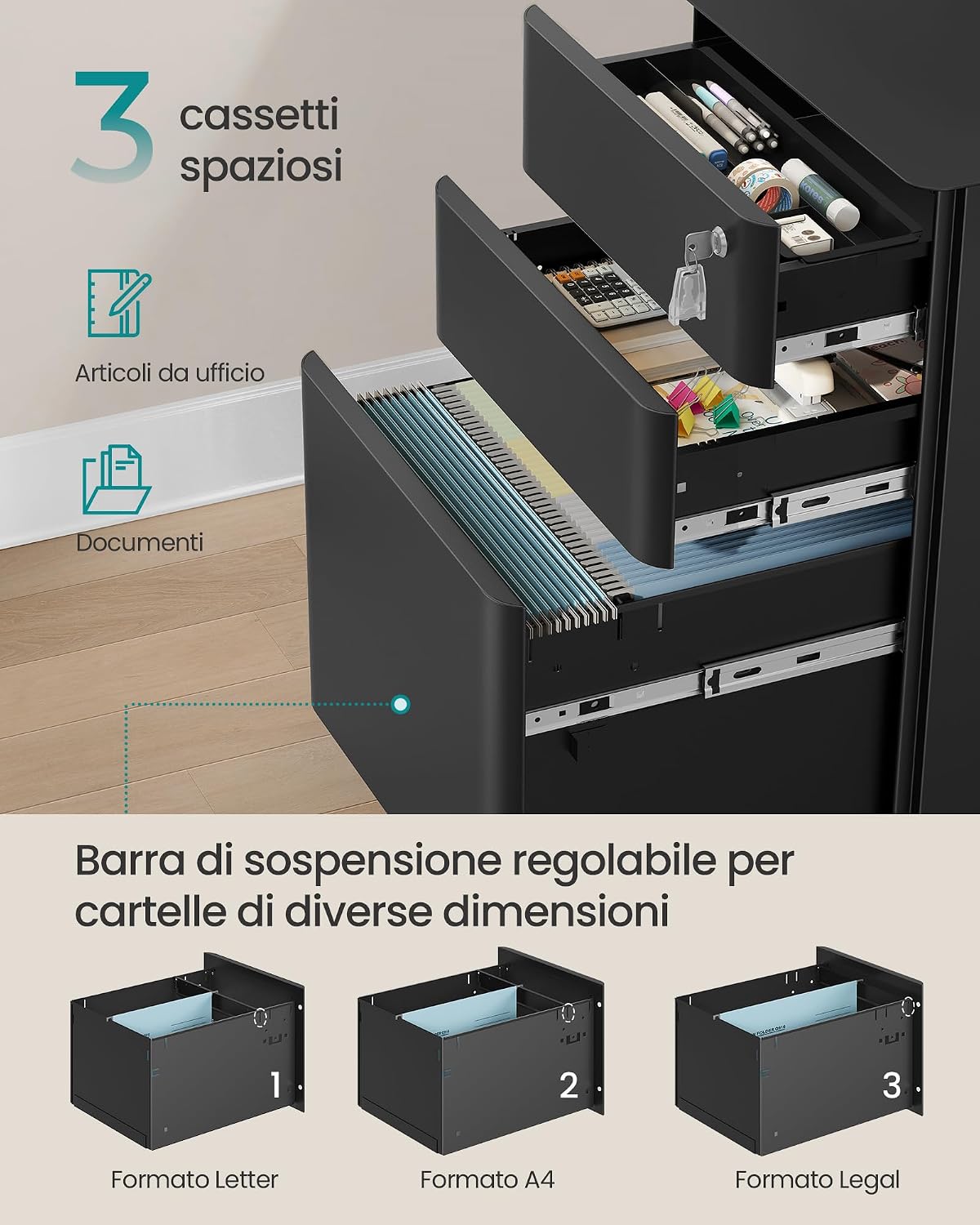 Detalle de SONGMICS Cassettiera da Ufficio in Acciaio BEREND OFC032B101 – 50 x 39 x 59 cm, Nero Opaco