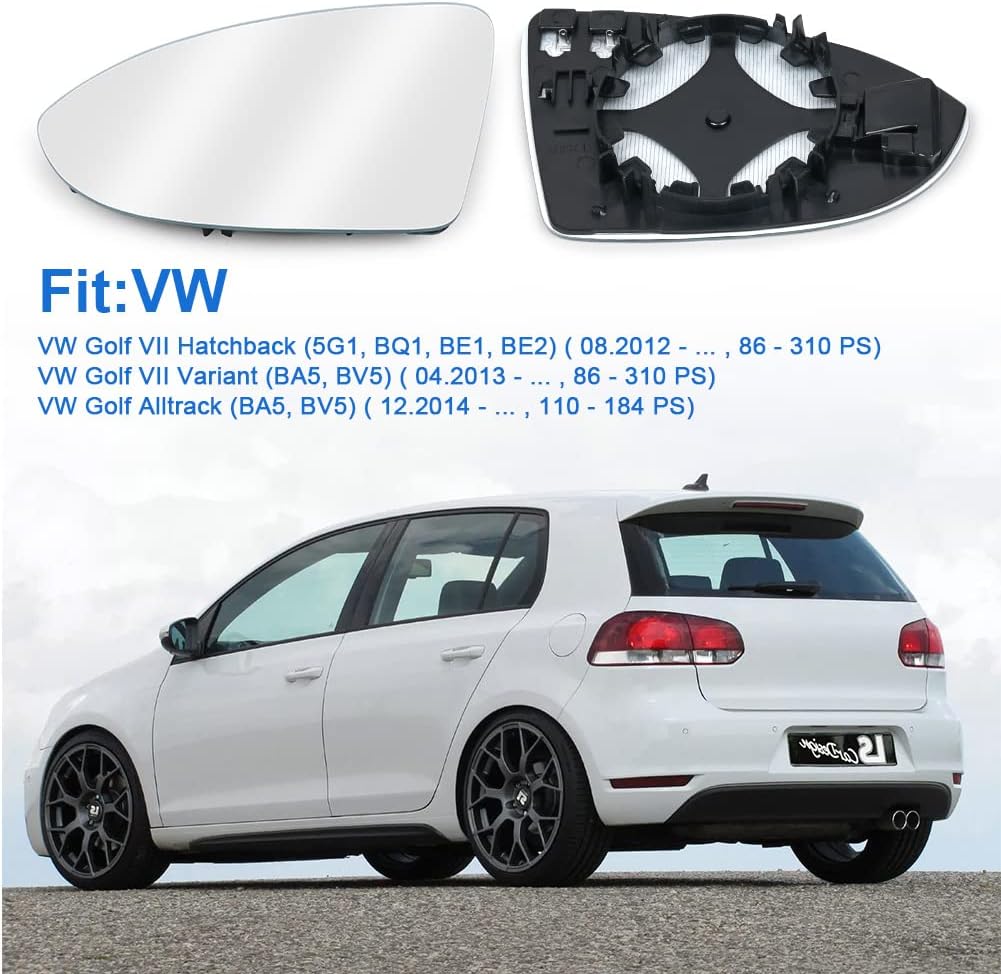 Detalle 2 de URAQT Spiegelglas links für Golf 7 – konvex, klar, beheizt (passend mit Trägerplatte, OEM-Referenzen V-W 4060G01 / 5G0 857 521)