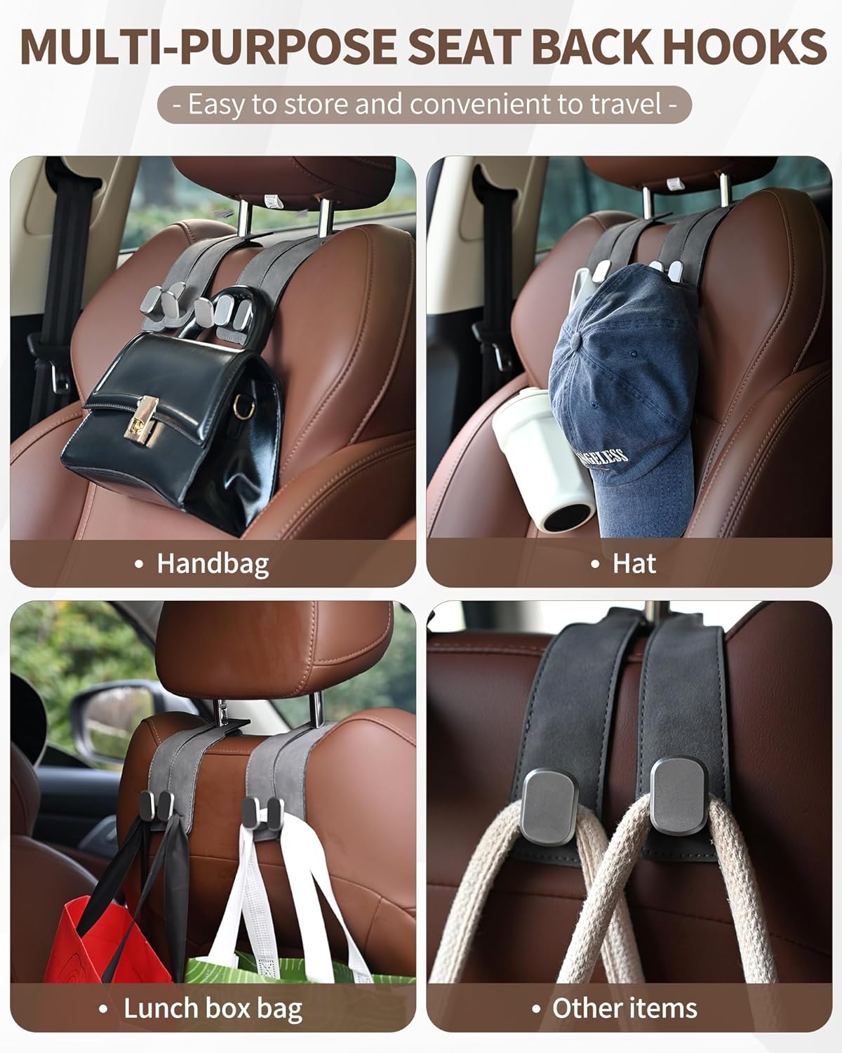 Thumbnail 3 de LQLAN Headrest Hooks for Car (4-Pack) — Double Hooks for Purses, Bags & Back-Seat Organization