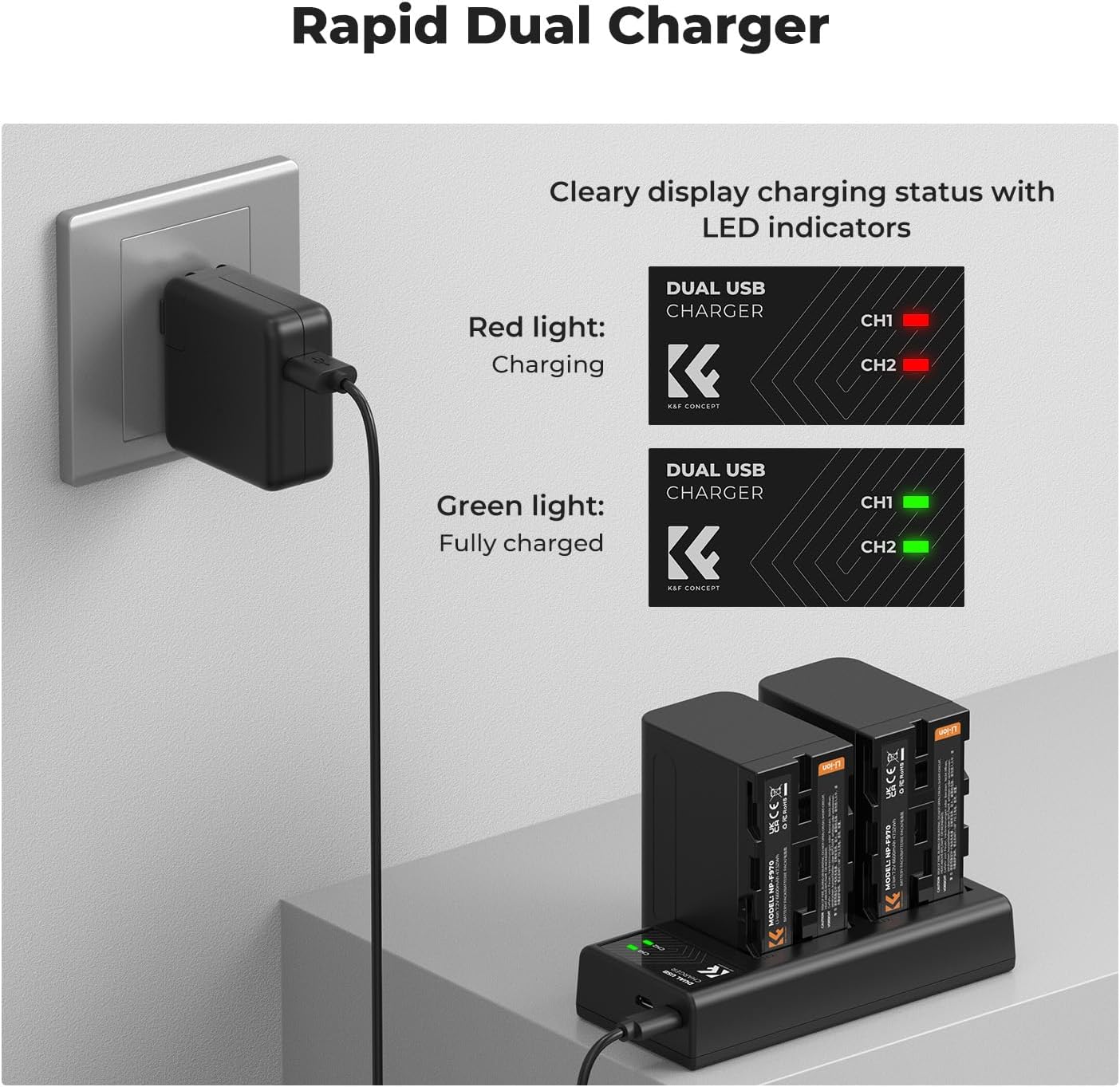Thumbnail 3 de K&F CONCEPT NP-F970 2er-Pack (6600 mAh) Akkus & Dual-Slot-LED-Ladegerät für Sony NP-F-Serie