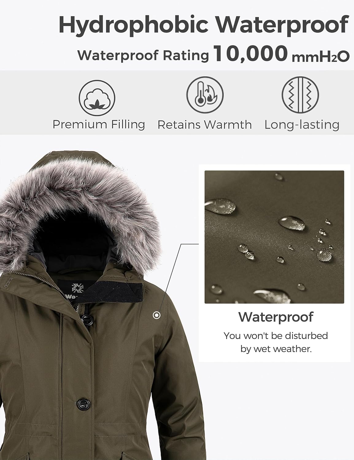 Detalle de Wantdo W-A-536 Women's Waterproof Winter Parka with Removable Hood