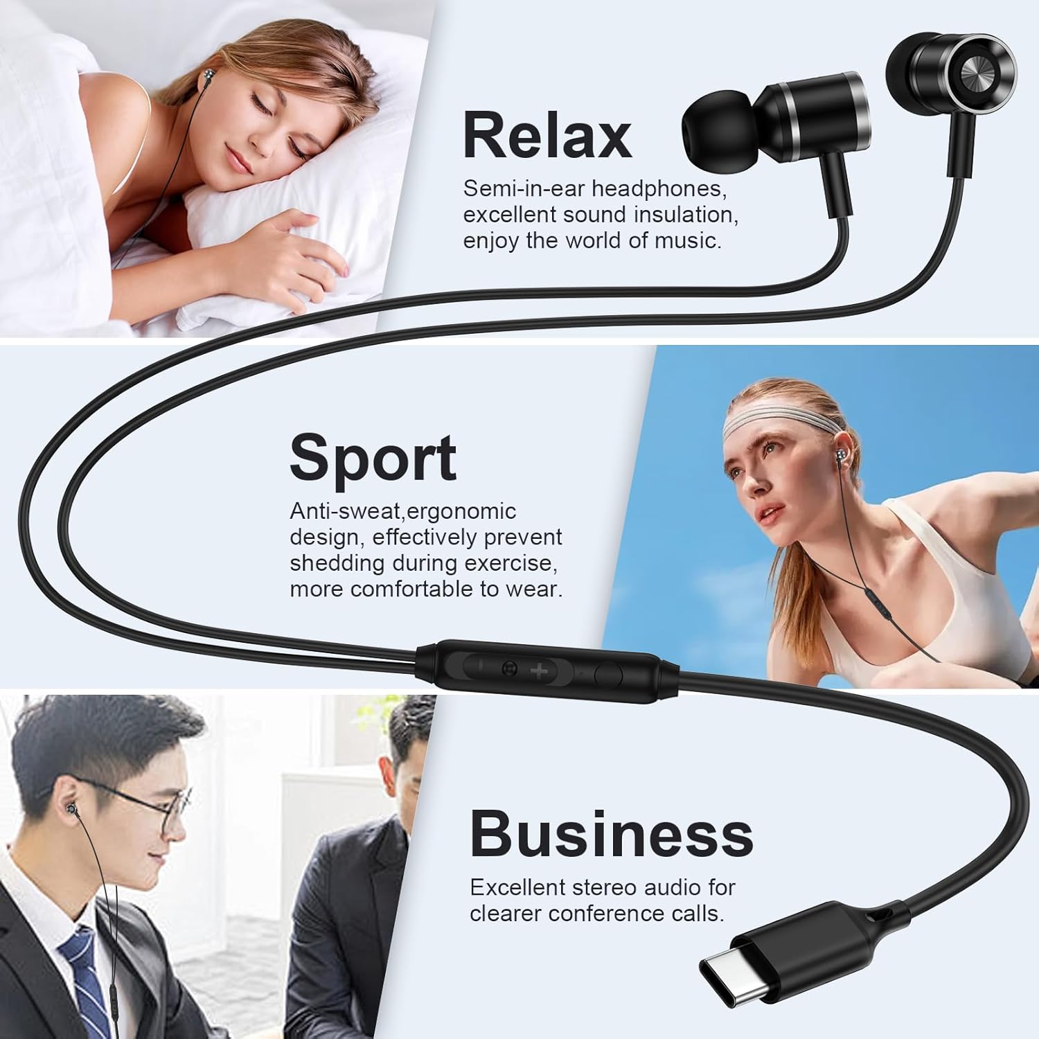 Thumbnail 5 de USB-C Headphones for Samsung Galaxy and iPhone – Wired Earbuds with Mic