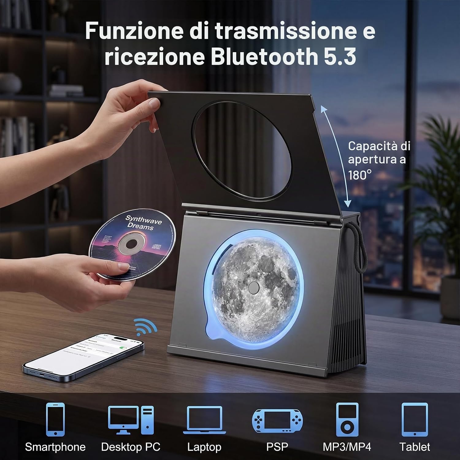 Detalle de Gueray Lettore CD Portatile con Luci Bluetooth 5.3 – Design Libreria e Batteria 4000mAh