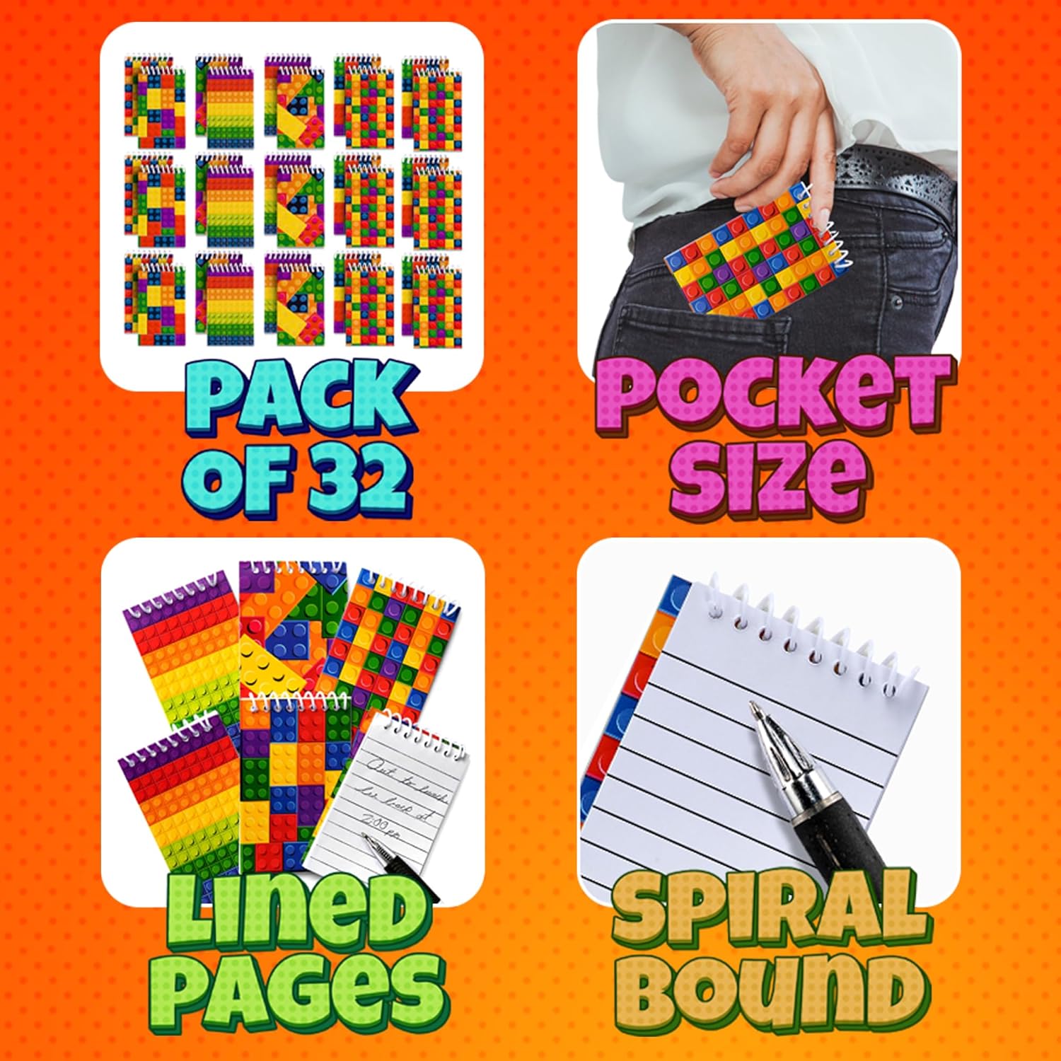 Detalle de Bedwina Mini Building Block Notebooks (Bulk of 32) – kids pocket spiral notepads in assorted brick designs