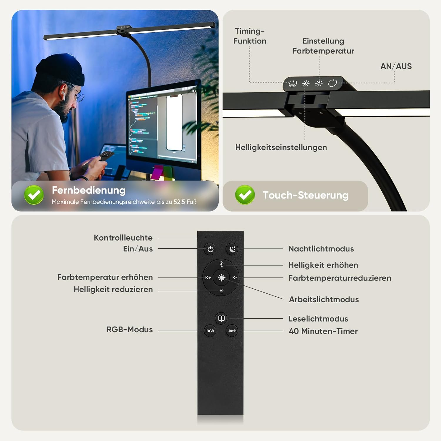 Thumbnail 2 de vatato Doppelkopf LED-Schreibtischlampe mit RGB, 24 W und Fernbedienung (Klemmleuchte, dimmbar, 2700–6500 K)