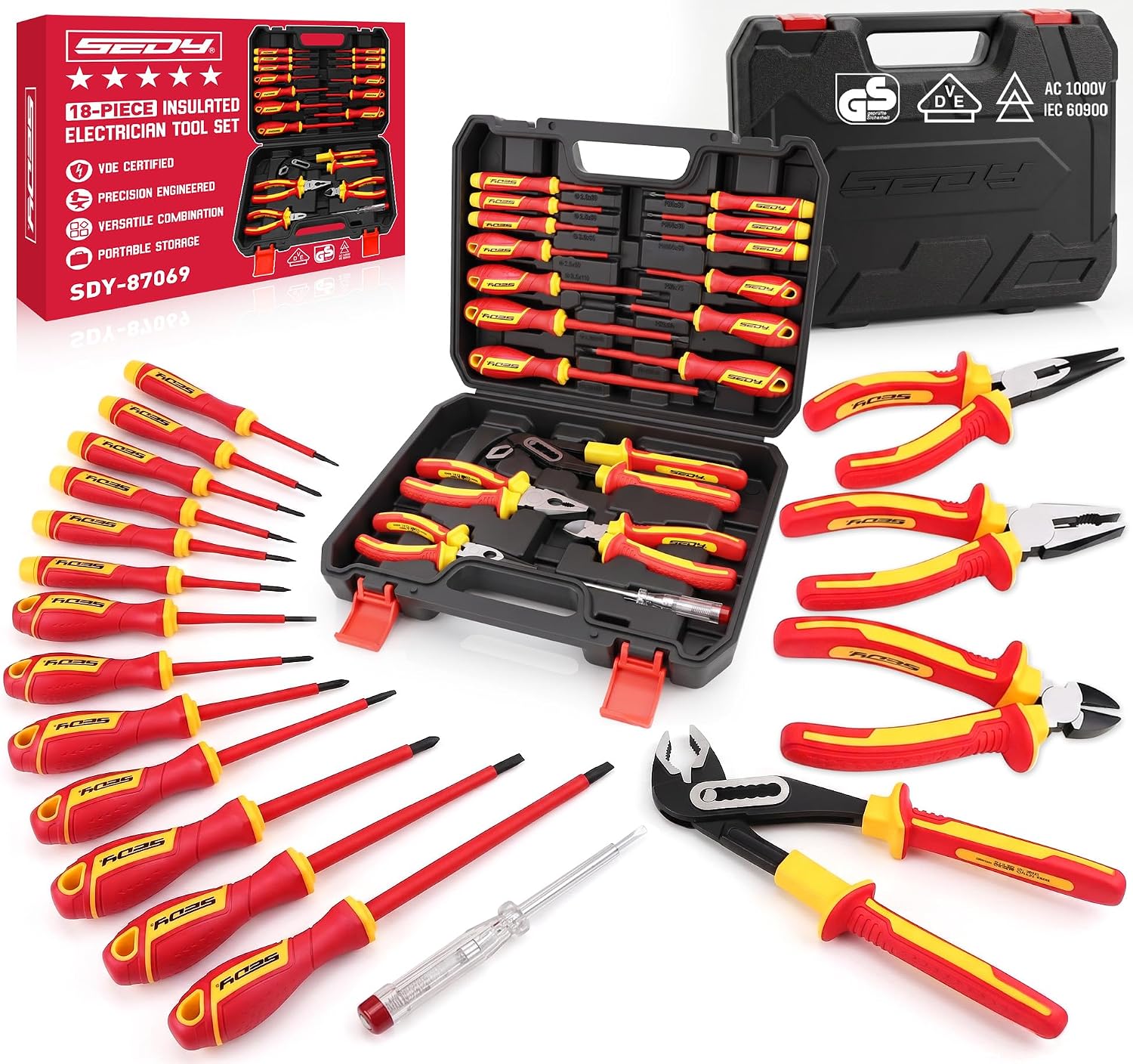 Detalle de SEDY 87069 18-Piece Insulated Electrician Tool Set, VDE/GS, 1000V