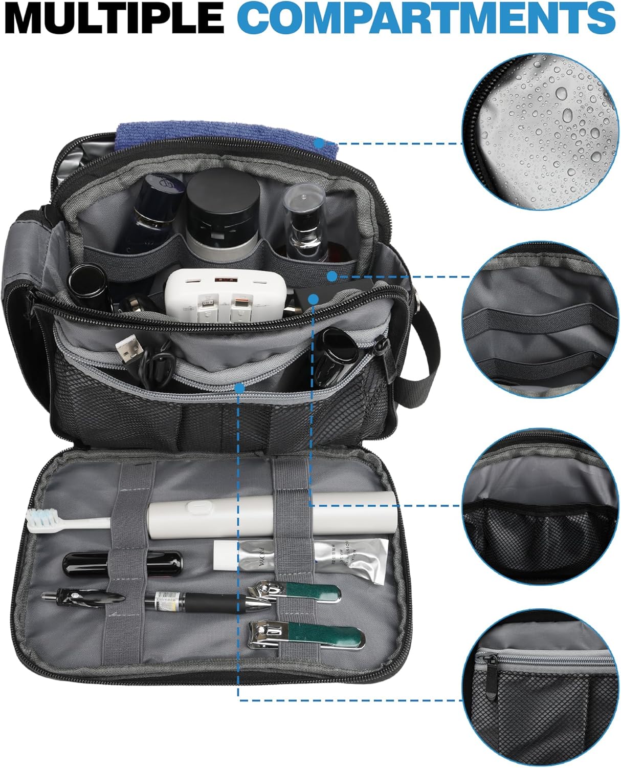 Detalle de FitDA Large Men’s Toiletry Bag (Black) – Travel Wash Bag with Handle & Double Zips