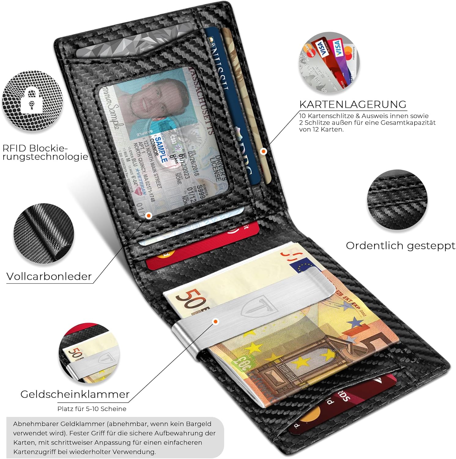 Detalle 2 de TEEHON Geldbörse Herren Slim Wallet RFID Blocking aus Carbonfaserleder – 11 Karten, Ausweisfenster, Geldscheinklammer