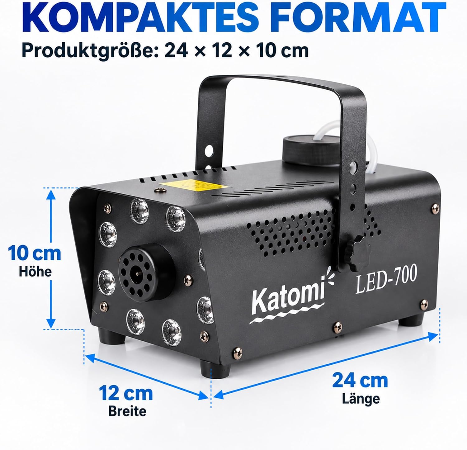 Thumbnail 6 de Katomi Nebelmaschine 500W mit 8 RGB LEDs – Mini-Fogmaschine mit 3 m Kabel-Fußschalter & Funkfernbedienungen