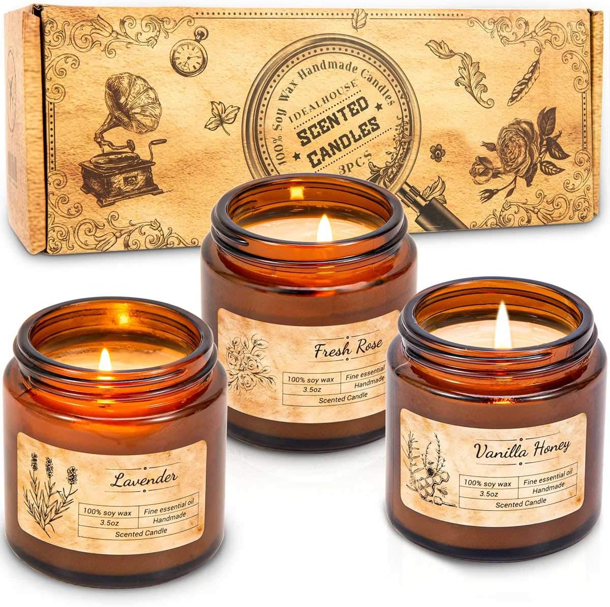 Detalle de IDEALHOUSE Scented Candles Gift Set Vanilla Honey, Rose & Lavender 🕯