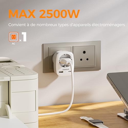 Thumbnail 4 de TESSAN Adaptateur de voyage Type D avec USB-C, USB-A et prise 2 500 W