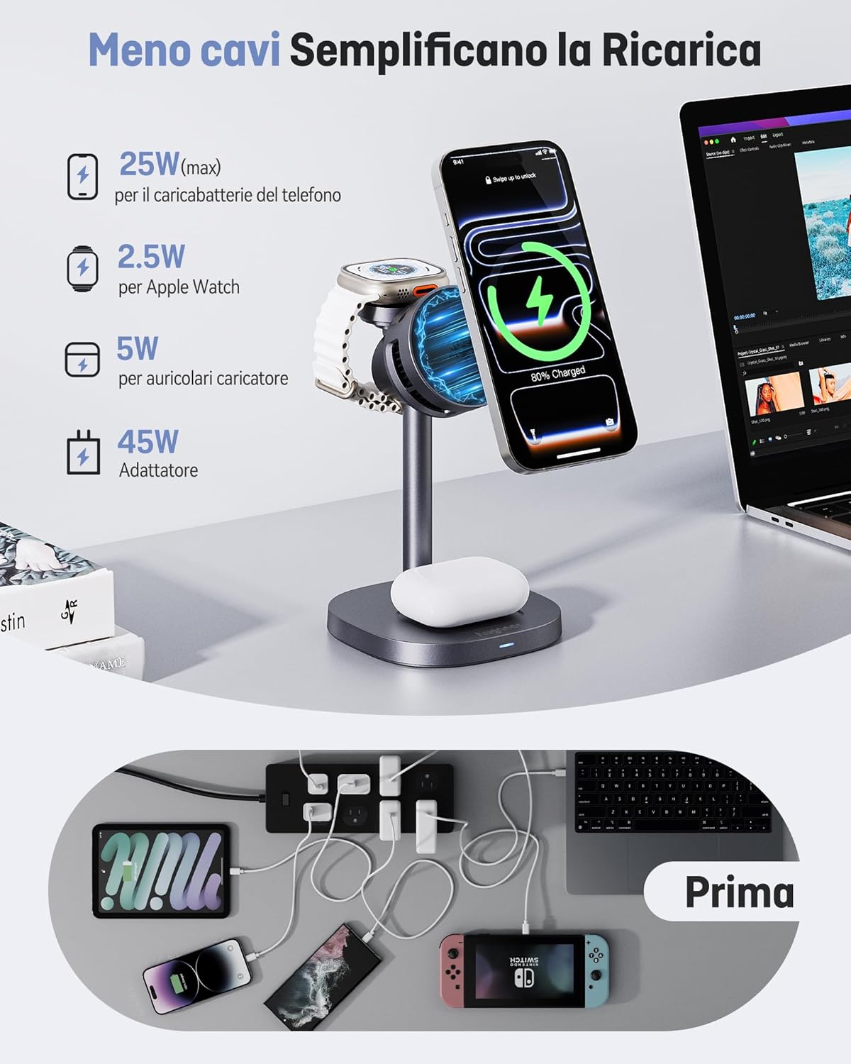 Thumbnail 1 de Augnner 3 in 1 Caricatore Wireless Qi2.2 25W con Mag-Safe, raffreddamento attivo e stazione MagSafe per iPhone e Apple Watch/AirPods