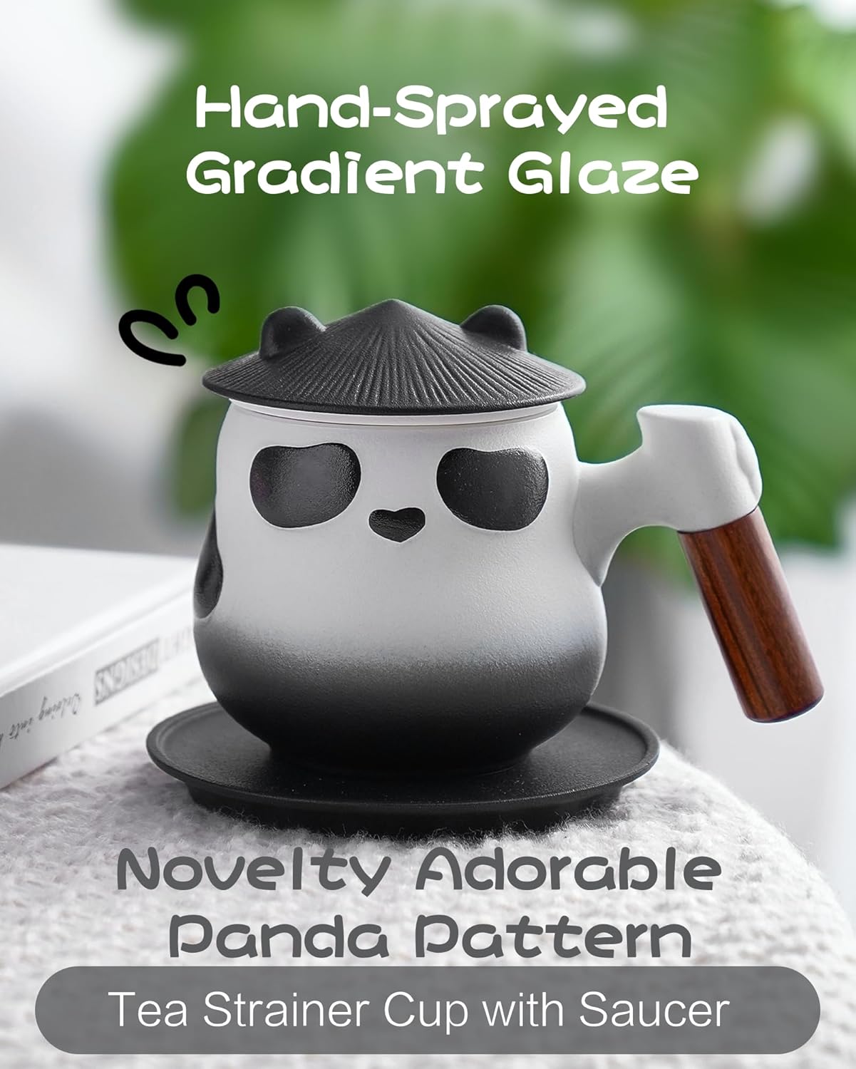 Thumbnail 3 de ZENS Panda Tea Cup with Infuser and Lid (330 ml) in Ceramic & Wood – Black and White