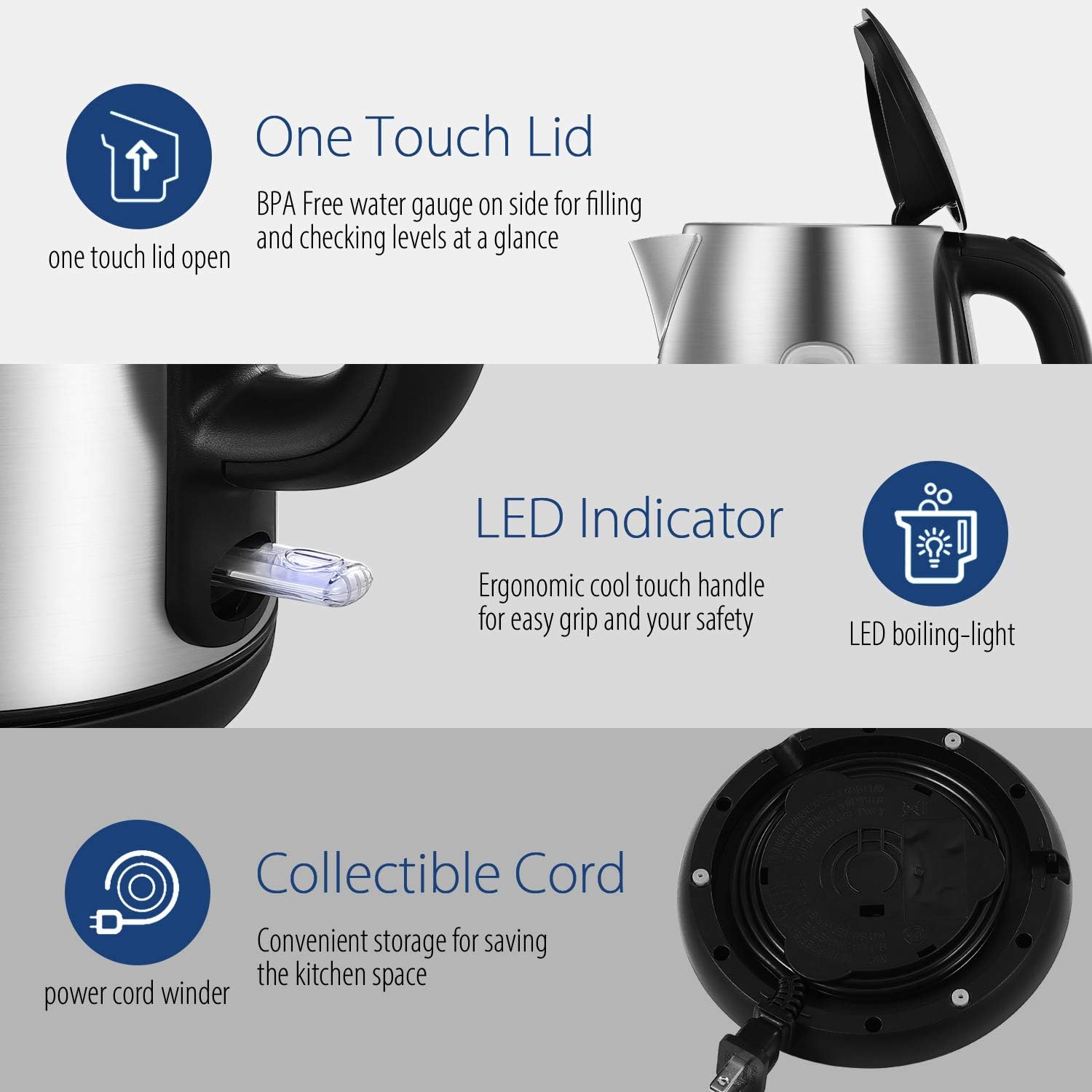 Detalle 1 de COMFEE Stainless Steel Electric Kettle 1.7L