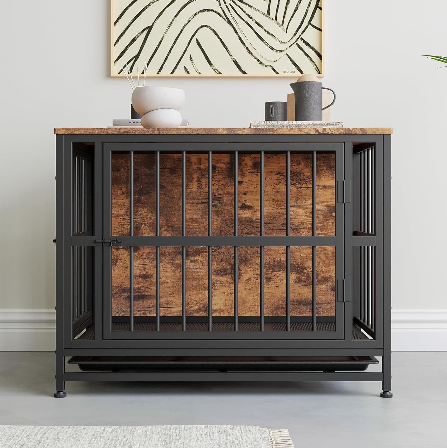 Detalle 2 de BORPHOM 32.68" Wooden Dog Crate Furniture – Large indoor kennel with 2 doors and removable tray