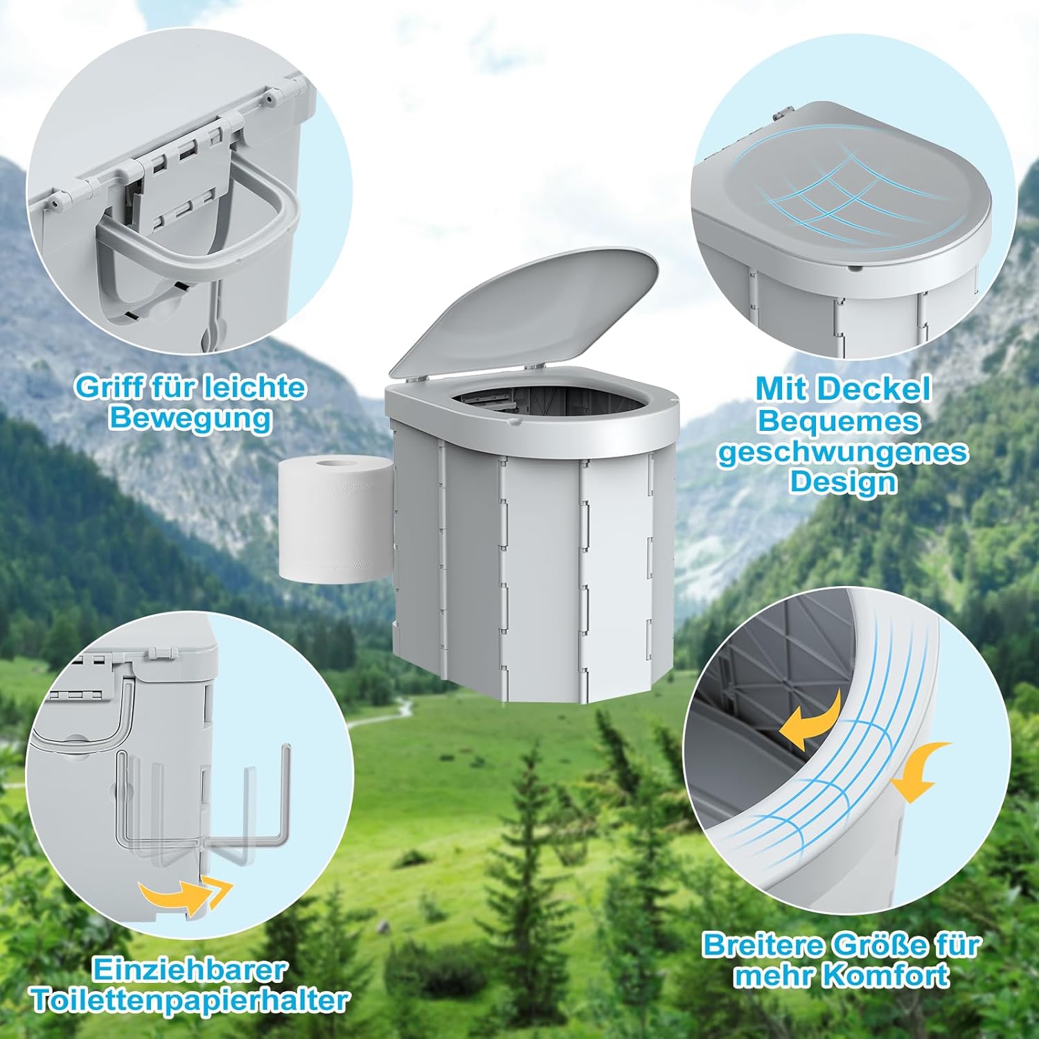 Detalle 2 de WADEO Tragbare Campingtoilette mit Deckel bis 200 kg