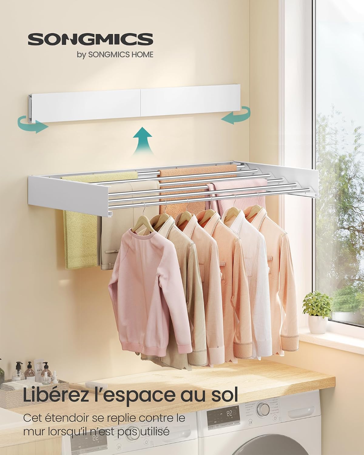 Detalle de SONGMICS Étendoir à Linge Mural Rabattable 5 Barres 80 cm – gain de place, aluminium, intérieur et extérieur
