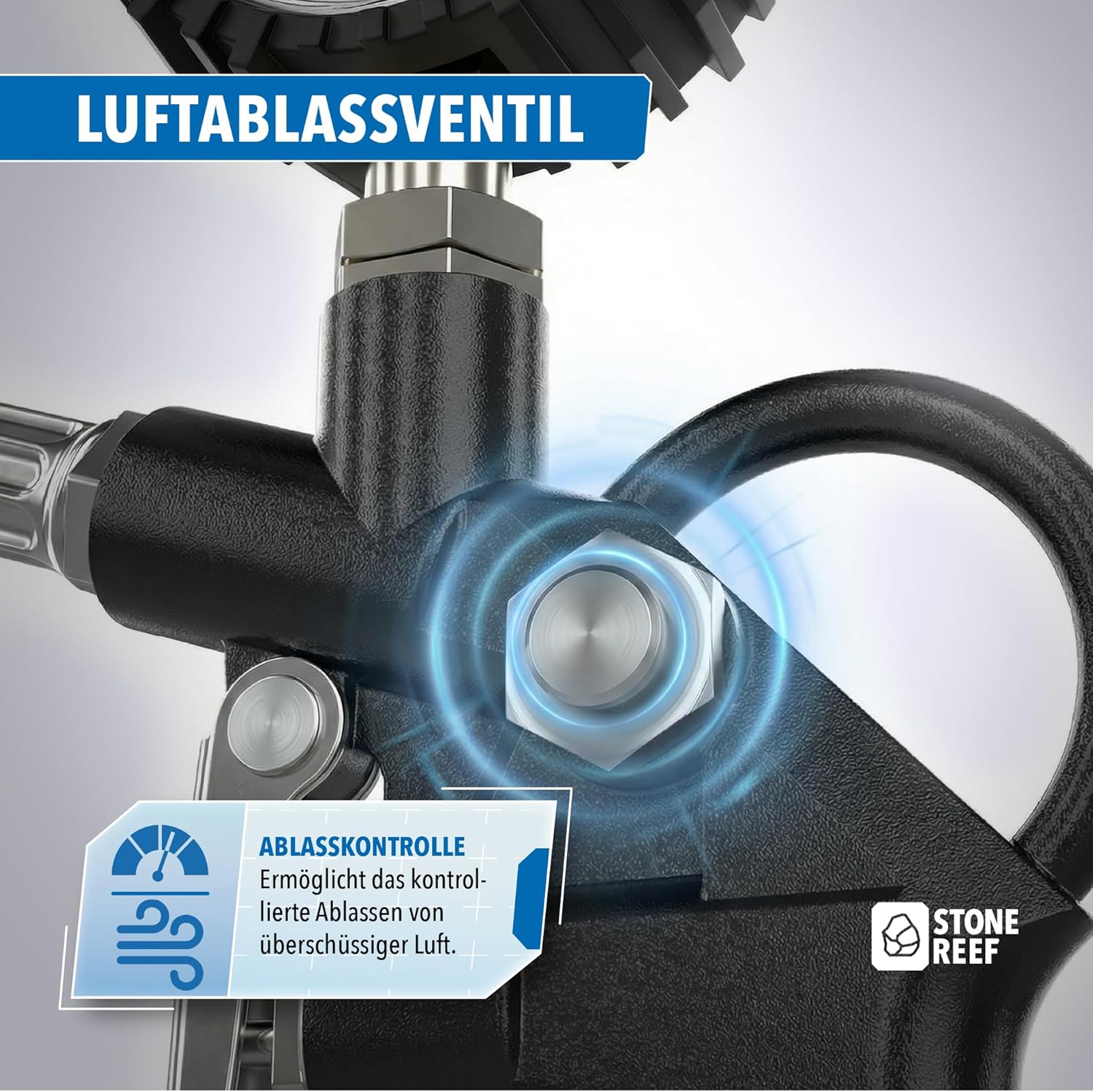 Thumbnail 5 de Reifenfüller mit drehbarem Manometer (inkl. Adapter & Ersatzkappen) – Reifendruckfüller für Kompressor, Auto und Fahrrad