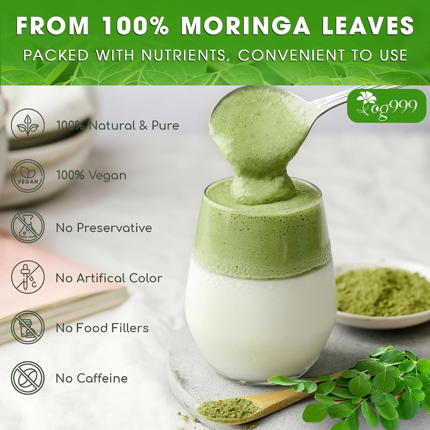Detalle de TOG999 Moringa Leaf Powder, 8 oz, Vegan, Caffeine-Free, No Additives