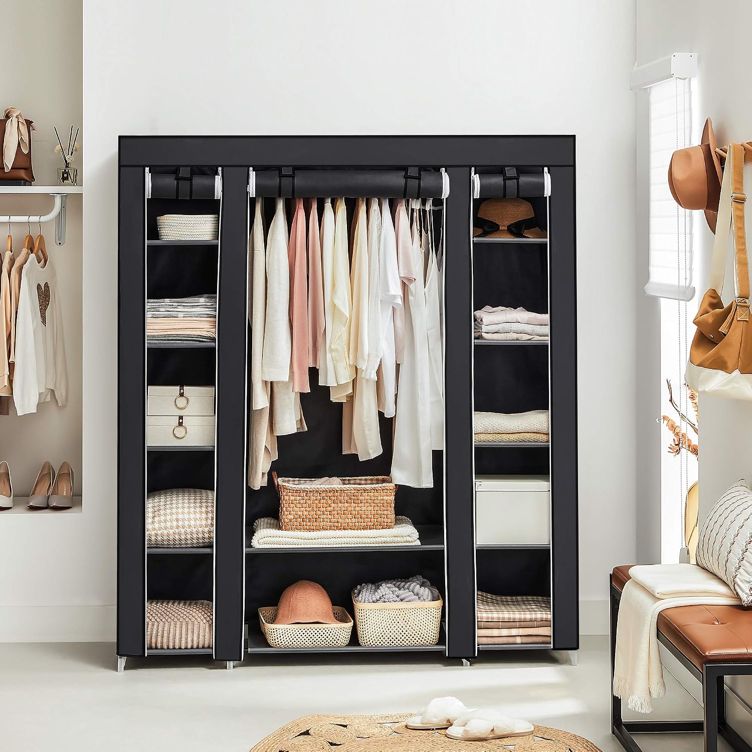 Detalle de SONGMICS LSF03H stoffen garderobekast met kledingstang en 12 legplanken