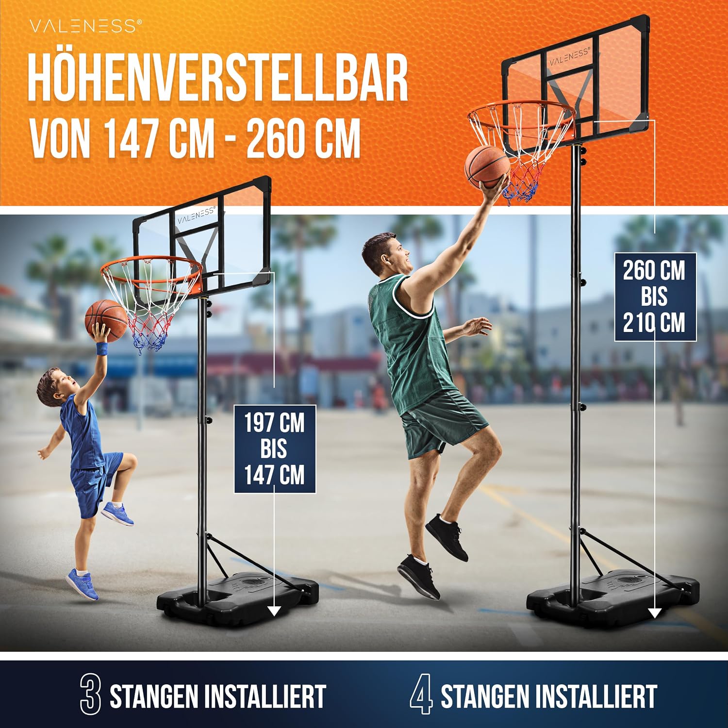 Detalle de VALENESS® Basketballkorb Outdoor – Höhenverstellbar 135–305 cm, wetterfest, inklusive Ball, Pumpe und Anleitung
