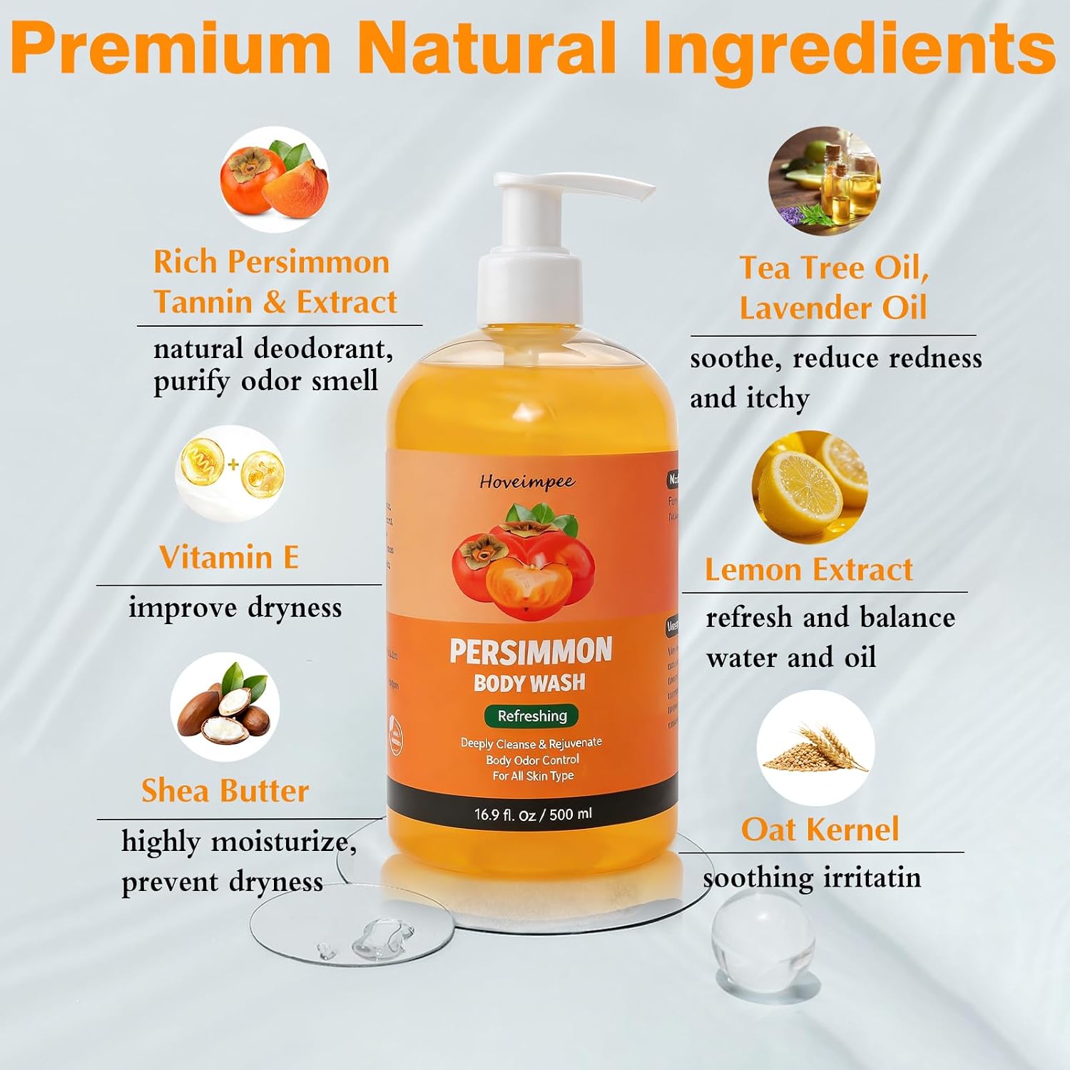 Detalle de Hoveimpee Persimmon Body Wash, 16.9 fl oz, Odor-Control Formula
