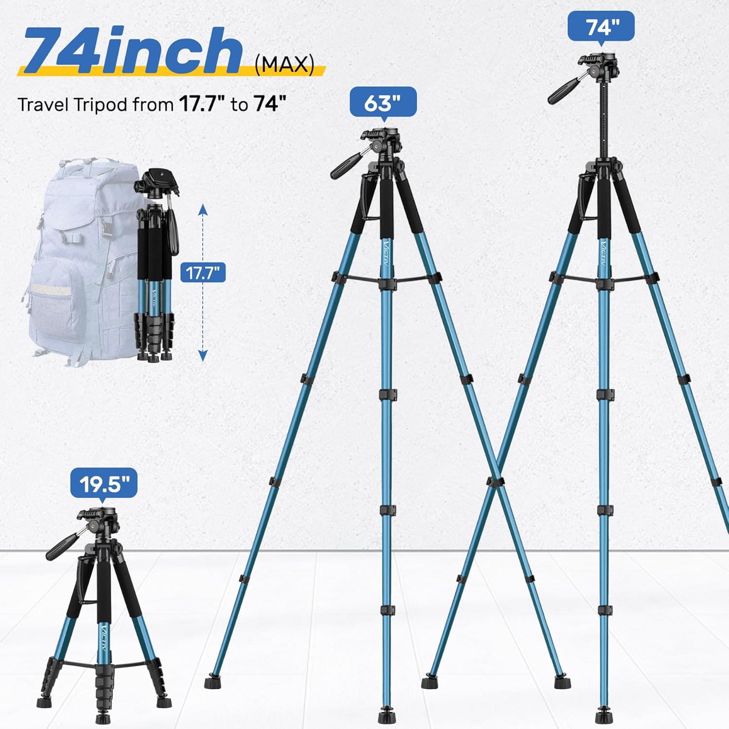 Thumbnail 1 de Victiv 188cm Camera Tripod with Detachable 3-way Swivel Head, Phone Holder & Remote Control (Blue)