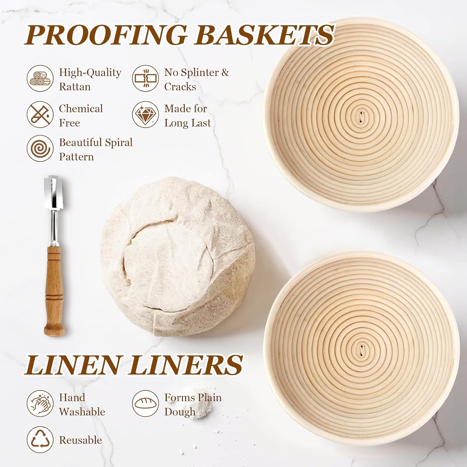 Thumbnail 6 de Sourdough Starter Kit with 2 Round Banneton Baskets (9-inch) and Glass Jar — Complete Starter for Home Bread Baking