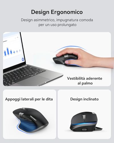 Detalle de TECKNET Mouse wireless ricaricabile, 3 dispositivi, rotella orizzontale e 800-4800 DPI