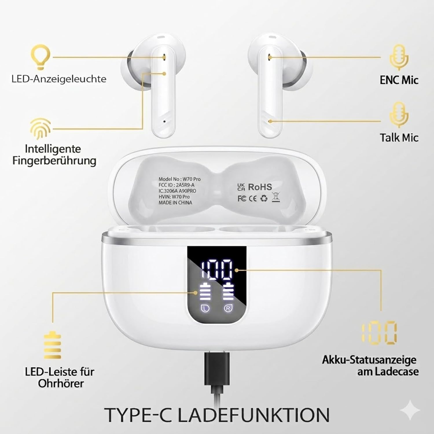 Detalle de W70 Pro In-Ear Bluetooth Kopfhörer – 46 Stunden Akku, IPX7, 4 Mikro ENC, HiFi-Sound