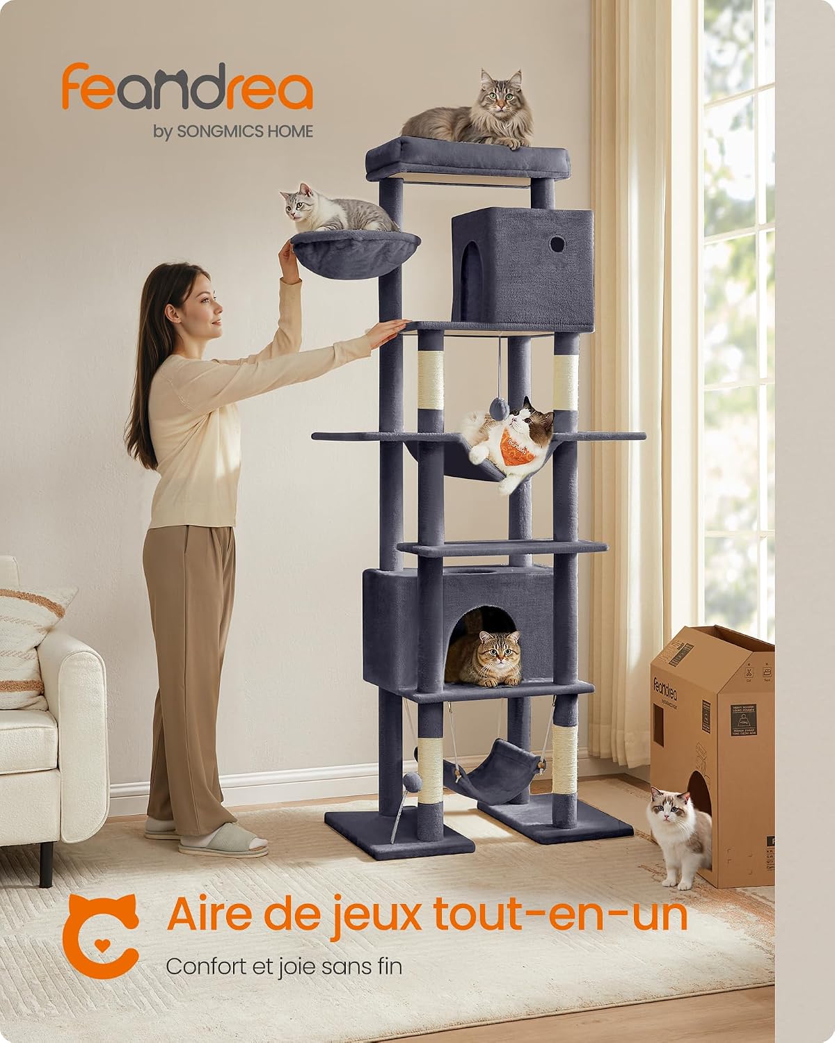 Detalle de Feandrea Arbre à Chat 201 cm – Tour XXL, multi-niveaux, gris foncé (PCT195G02)